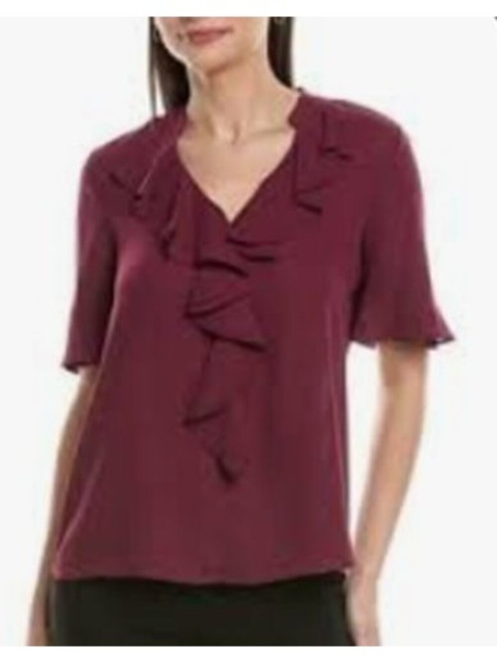 Karl Lagerfeld  Women's Solid Ruffle Front Sleeveless Woven Blouse Cabernet XL